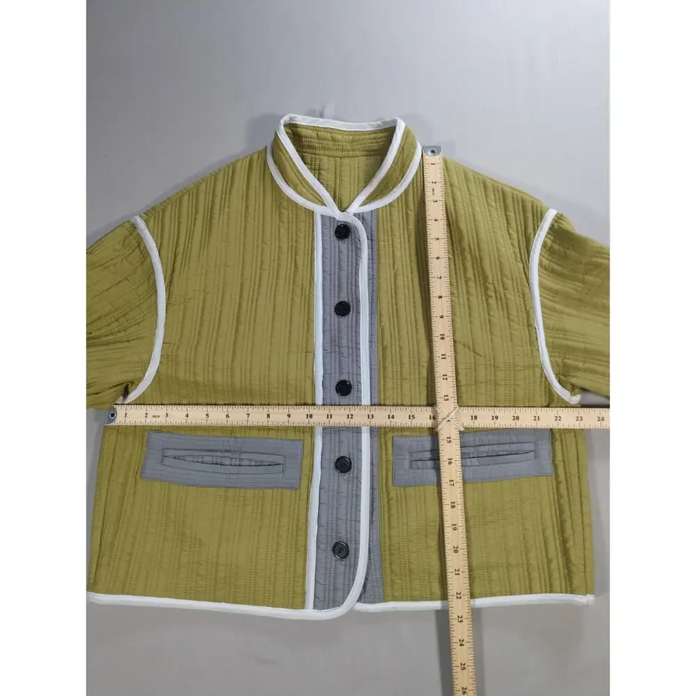 Quilted Colorblock Jacket Womens Olive Gray White Trim Boxy Cropped Coat
